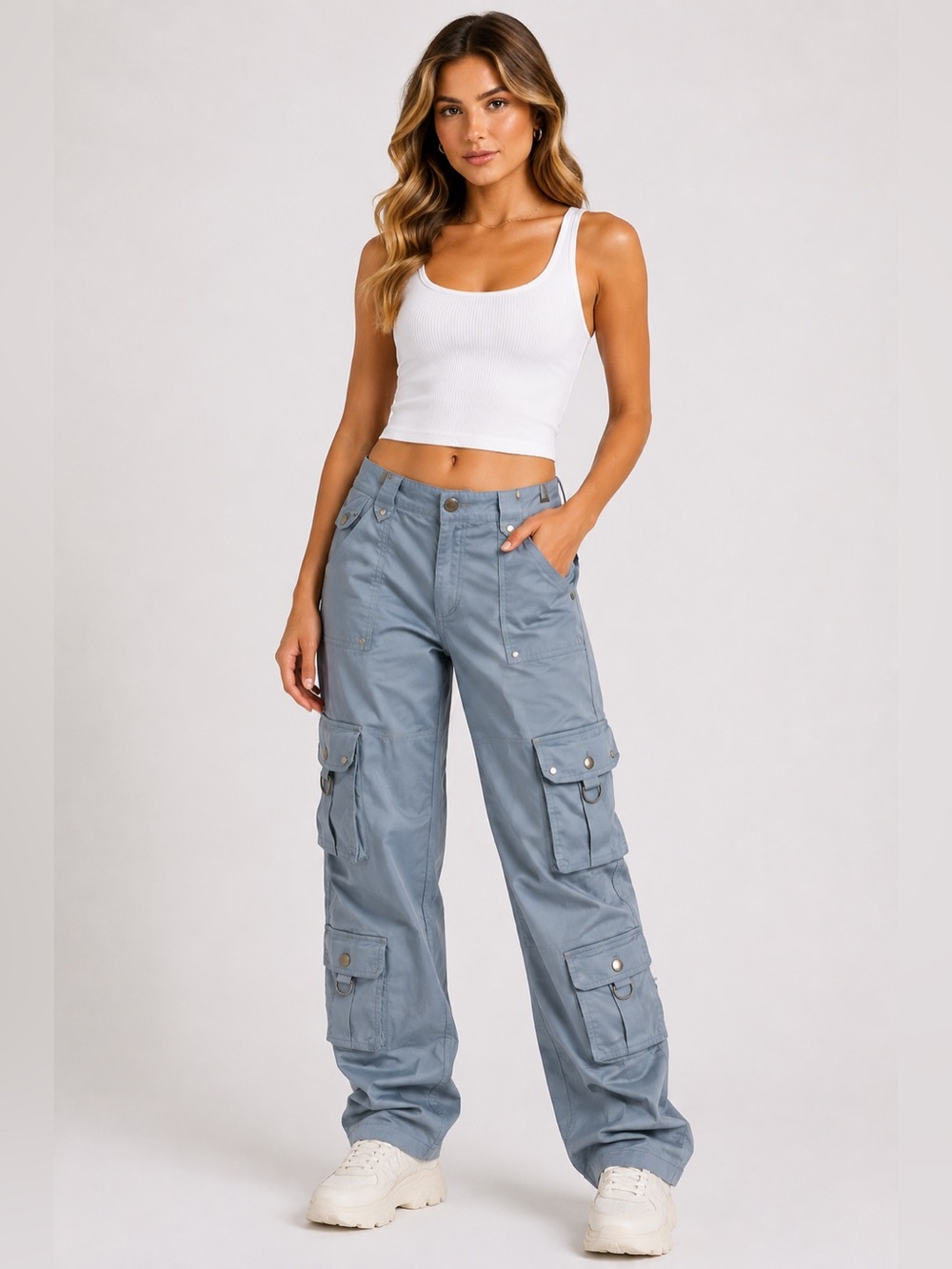 I AM GIA Light Blue Mid-Rise Cotton Pockets Utility Cargo Pants Women's Size M